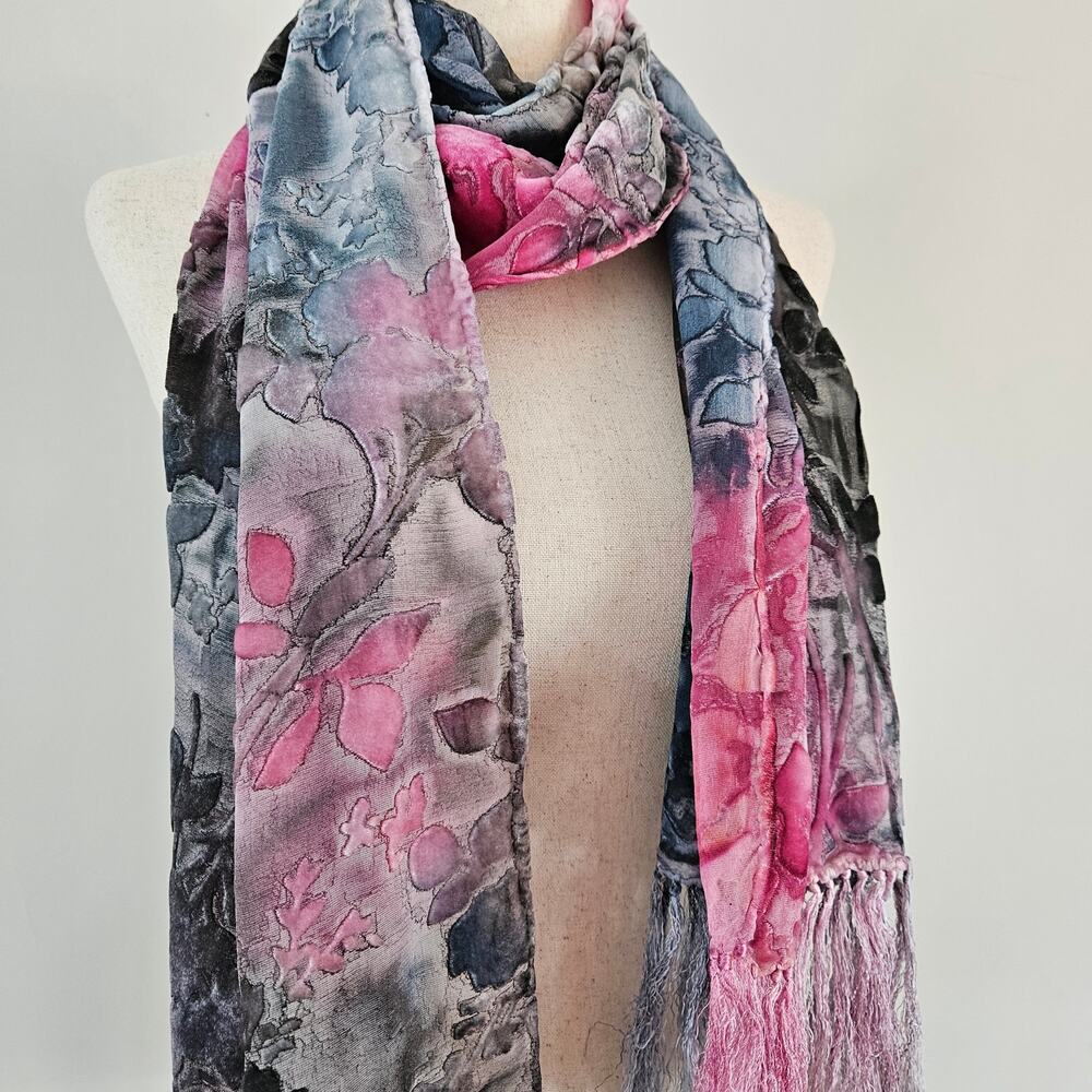 Y2k Velvet Burnout Scarf Pink Black Festival Wear Boho Fringe - Picture 2 of 5